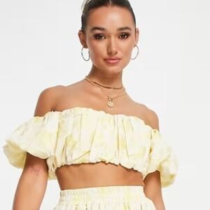 ASOS EDITION Off Shoulder Puff Crop Top In Yellow Floral Jacquard